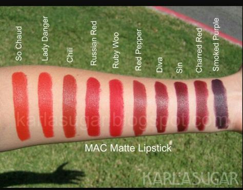 Mac matte lipstick color chart Mac Captive, Mac Red Lipsticks, Mac Russian Red, Mac Lipstick Swatches, Lipstick Jungle, Lady Danger, Russian Red, Ruby Woo, Mac Matte Lipstick