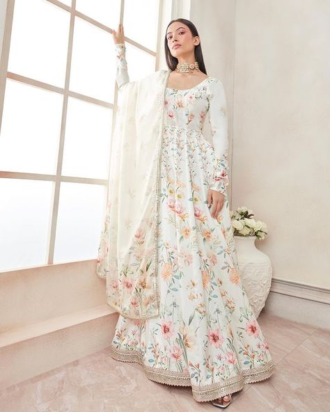 Anarkali Suits Designer, Floral Anarkali, Printed Anarkali, Shades Of Peach, Designer Anarkali, Anarkali Suits, Satin Color, Anarkali Dress, Love Clothing