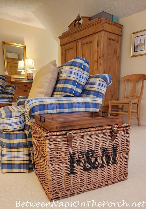 Fortnum & Mason Hamper Used As a Side Table, Great Place to Hide Throws & Pillows Cheap Paneling, Wicker Trunk, Fortnum Mason, Fortnum And Mason, Chair Side Table, The Porch, Victorian Homes, New Furniture, End Table