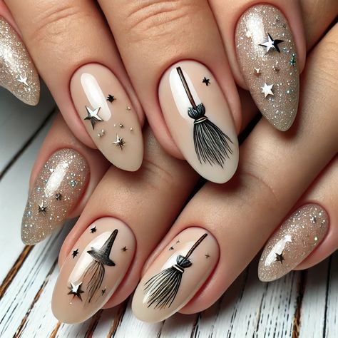 A close-up image of nails featuring a witch's broomstick nail art design. The nails are painted with a neutral or pale base color, and on each nail, there is a small, intricately detailed broomstick drawn with a fine brush. The design includes silver or gold stars around the broomsticks to create a magical, enchanted feel. The nails are shaped in a neat, natural style, with a glossy top coat that adds a slight shine, emphasizing the mystical and whimsical nature of the nail art. Witches Nail Art, Wiccan Nail Art, Witchy Inspired Nails, Witch Design Nails, News Year Eve Nails, Salem Witch Nails, Fall Witchy Nails, Mystic Nail Art, Practical Magic Nails