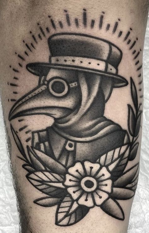 Traditional Plague Doctor Tattoo, Old Style Tattoos, Traditional Tattoo Black And Grey, Plague Doctor Tattoo, Dr Tattoo, Traditional Tattoo Black And White, Trad Flash, Shoulder Cap Tattoo, Doctor Tattoo