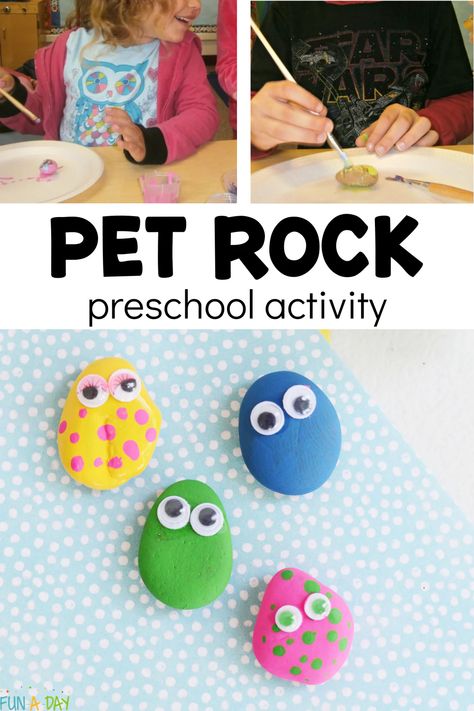 This pet rock craft is perfect for your next preschool, pre-k, or kindergarten rock, pet, or camping theme! Older children get a kick out of making pet rocks, too. Click on the Fun-A-Day.com link for the details. Preschool Pet Theme Crafts, Rock Activities For Toddlers, Pets Arts And Crafts Preschool, Pet Rocks For Kids, Pet Crafts For Toddlers, Pet Crafts For Kids, Preschool Pet Craft, Pets Eyfs, Pet Rocks Craft