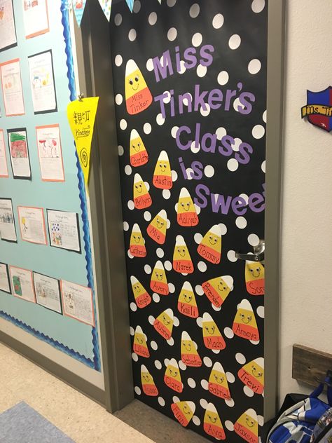 Candy Corn Classroom Door Ideas, Candy Corn Door Classroom, Pre K Halloween Door Ideas, Halloween Teacher Door Ideas, Halloween Teacher Door, Classroom Door Decorations Halloween, October Classroom Door Ideas, Pumpkin Classroom Door, Lavender Classroom