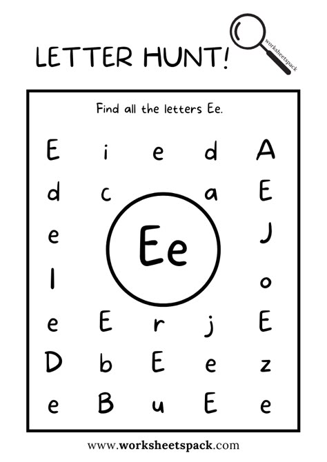 Find the Letter E Worksheet, Alphabet E Hunt Activity Free Printable for Kids - Printable and Online Worksheets Pack Letter Activity Sheets Preschool, Find Letter A Worksheet, Preschool Letter E Worksheets, Letter E Kindergarten Activities, The Letter E Crafts Preschool, Letter E Free Printables, Letter Find Worksheets Free Printables, E Letter Worksheet, Letter E Activity For Preschoolers