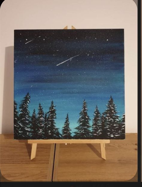 Scenery Easy Painting, Forest Acrylic Painting, Acrylic Canvas Painting, Acrylic Painting Inspiration, Sky Art Painting, Night Sky Painting, Christmas Paintings On Canvas, Small Canvas Paintings, Simple Canvas Paintings