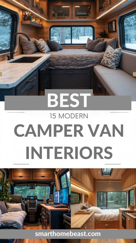 A collection of sleek modern camper van interiors showcasing cozy sleeping spaces, compact kitchens, and chic decor in a warm, natural ambiance. Camper Van Kitchen In Back, Unique Camper Van, Van Wall Ideas, Camper Van Ceiling, Vanlife Interiors Layout, Rv Van Interior, Adventure Van Interior, Interior Van Designs, Camper Vans Interiors