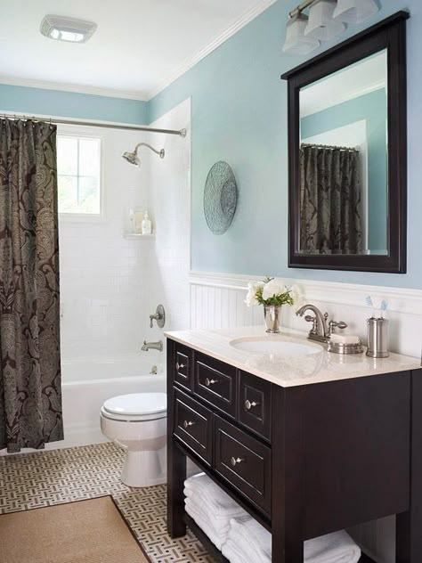 Blue-and-Brown Bath--possible color combination for our master bath (it is small but works for us). Just don't want it to be too "trendy." Timeless Bathroom Design, Blue Bathrooms Designs, Bath Redo, Light Blue Walls, Timeless Bathroom, Inside House, Color Decor, Bathroom Remodels, Floor Bathroom