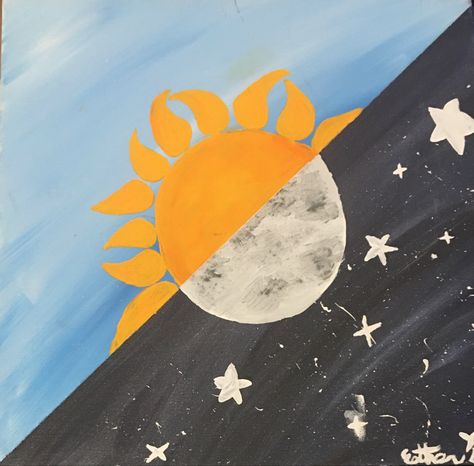 Sun And Moon Simple Painting, Night And Day Painting Easy, Moon And Sun Painting Easy, Easy Sun And Moon Painting, Night And Day Drawing, Day And Night Painting Easy, Sun And Clouds Painting, Sun And Moon Painting Canvases Easy, Half Sun Half Moon Painting