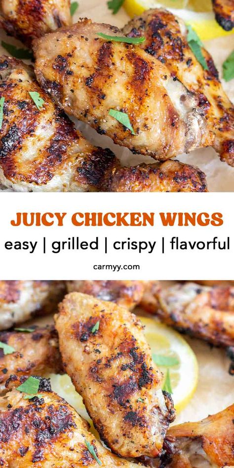 These crispy grilled chicken wings make for a wonderful delicious appetizer or simple dinner. The skin is grilled until golden and crispy, and the meat is so tender and juicy! This is my go-to classic, foolproof recipe for perfectly grilled chicken wings every time you fire up the grill. You’ll want to make these all summer long! Wings Recipe Grilled, Crispy Grilled Chicken, Wings On The Grill, Grilled Chicken Wings Recipe, Healthy Chicken Wings, Cheesy Chicken Recipes, Juicy Grilled Chicken, Cooking Chicken Wings, Wing Sauce Recipes