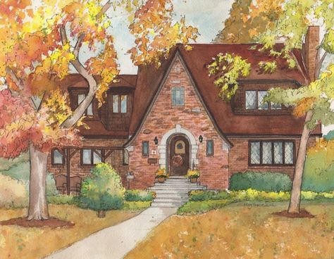 Traditional Brick Home, Watercolor House Painting, Architecture Drawing Sketchbooks, Watercolor House Portrait, Cottage Painting, House Clipart, Building Drawing, House Sketch, Painted Cottage