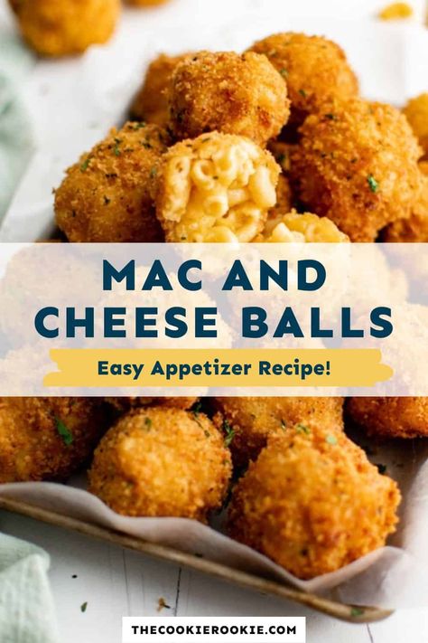 If you love mac and cheese, you are going to adore these fried appetizers! These mac and cheese balls are one one delicious bite, with their panko breadcrumb coating, they are perfectly crispy and definitely made for sharing! Homemade Mac And Cheese Balls, Max And Cheese Balls, Mac N Cheese Balls Baked, Hot Cheetos Mac And Cheese Balls, Mac And Cheese Party Decorations, Fried Mac And Cheese Balls Recipe, Macaroni And Cheese Bites Appetizers, Mac & Cheese Balls, Homemade Mac And Cheese Bites