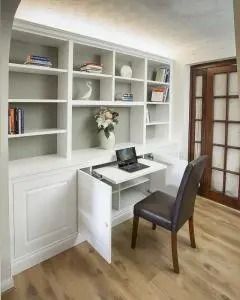 bespoke cabinets and bookcases with pull out desk home office – Built in Solutions Pull Out Shelf Desk, Bookcase With Hidden Desk, Hidden Desk In Bookshelf, Wall Cabinet With Desk, Built In Desk In Kitchen, Built In Bookcase With Desk, Hidden Workspace, Mexican Bedroom Ideas, Expandable Desk