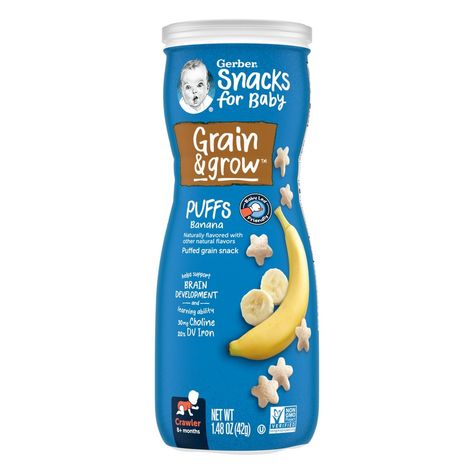 Gerber’s Grain & Grow Banana Puffs are a baby-led friendly snack for crawlers beginning to explore finger foods. Designed for tiny hands to easily pick up, these quick-dissolving, star-shaped puffs encourage self-feeding. There is 20% Daily Value of iron and choline for baby per serving to help support your little one’s brain development. These puffs are Non-GMO Project Verified and don’t have any artificial sweeteners or artificial flavors. Great for on the go—tuck a canister in your bag for a Gerber Puffs, Banana Cereal, Snacks For Baby, Gerber Snacks, Gerber Baby Food, Baby Puffs, Banana Snacks, Whole Grain Cereals, Cereal Snacks