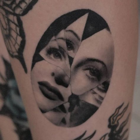 Spooky Woman Tattoo, Hedy Lamarr Tattoo, 1960s Tattoo Ideas, Barbarella Tattoo, Eyes Without A Face Tattoo, Micro Portrait Tattoo, Tattoos Of Women Faces, Spy Vs Spy Tattoo, Hyper Realism Tattoo