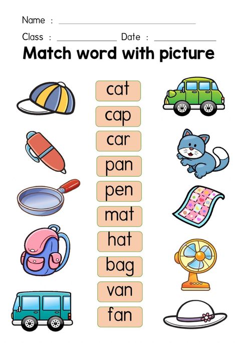 Match Worksheet, Phonics For Kids, Cvc Words Kindergarten, English Worksheets For Kindergarten, English Activities For Kids, Kids Worksheets Preschool, English Phonics, Learning English For Kids, English Worksheets For Kids