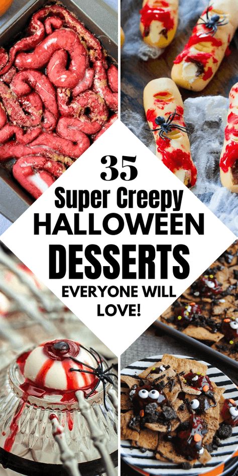 Simplify your Halloween party planning with these quick and easy dessert recipes. Perfect for kids and a adults , these Halloween treats, including vampire desserts and Halloween brownies, are sure to add a touch of horror to your celebration. Halloween Food Sweet Treats, Scary Halloween Baking Ideas, Desserts For A Halloween Party, Small Batch Halloween Desserts, Halloween Food Ideas For Desserts, Creepy Halloween Cakes Scary, Halloween Dessert Table Set Up, Ghosts In The Graveyard Dessert, Scary Halloween Desserts Recipes