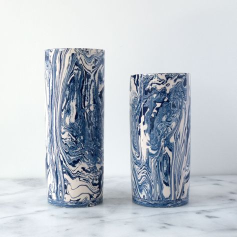 Medium Blue Ebru Light Cylinder Vase - Simple Life Istanbul   - 2 Tableware Inspiration, Paper Marbling, Light Marble, Marble Ceramic, Marble Vase, Marble Ceramics, Marbled Paper, Marble Painting, Cylinder Vase