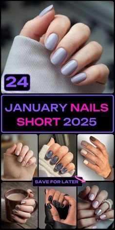 Nail Ideas Gray Color Combos, Short Mid Length Acrylic Nails, Nails Febuary 2024, Solid Winter Nail Colors, Short Round Acrylic Nails Purple, Nail Design Simple Elegant, Gel Nails January 2025, Winter Nail 2025, January Gel Nail Ideas 2024