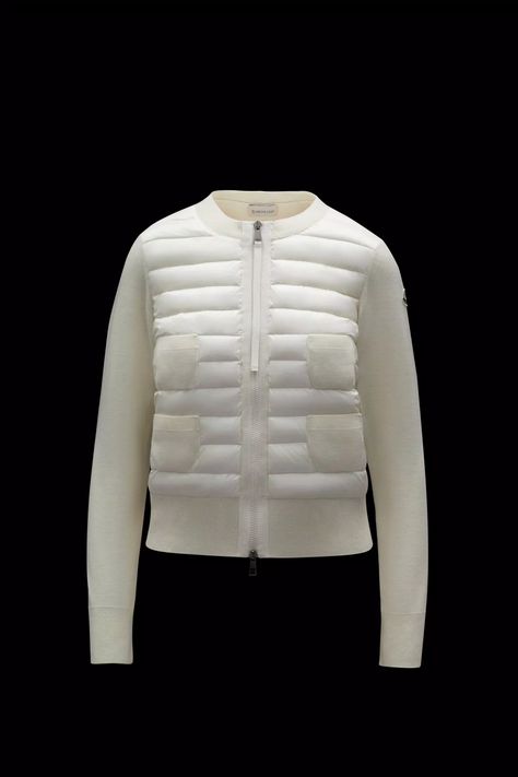 Moncler Jacket Women, Moncler Sweater, Crew Neck Cardigan, Moncler Women, Moncler Jacket, Stockholm Fashion, Down Jackets, White Cardigan, Knit Jacket