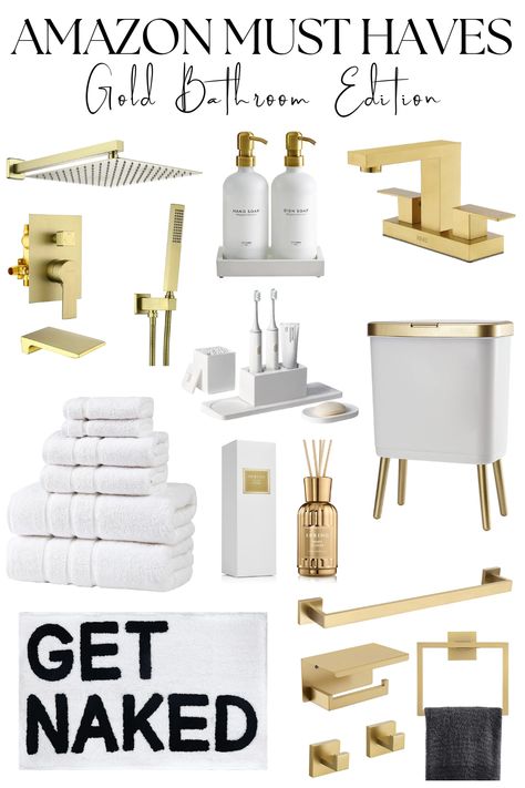 Gold Accent Bathroom Decor, Brushed Gold Bathroom Accessories, Gold And White Bathroom Decor Ideas, Gold Bathroom Accents, Sandy Bathroom, Gold Accent Bathroom, Gold Apartment Decor, Gold And White Bathroom, White And Gold Bathroom