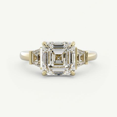 Asscher Three Stone Engagement Ring, Wedding Ring Goals, Trapezoid Side Stones, Maximalist Wedding, Ring Goals, Olive Avenue Jewelry, Dream Rings, Bling Ring, Asscher Diamond