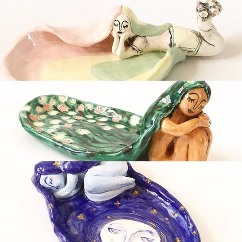 Diy Clay Goddess Statue, Goddess Ceramics, Ceramic Project Ideas, Diy Trinket Dish, Ceramic Rainbow, Goddess Moon, Moon Rainbow, Coil Pottery, Air Dry Clay Projects