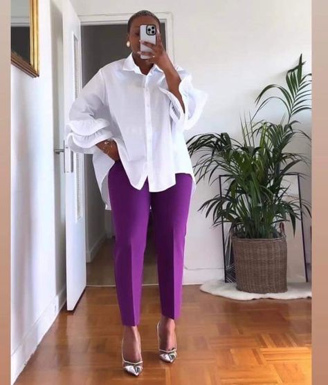 Purple Trousers Outfit, Purple And White Outfit, Official Wear, Stylish Business Outfits, Neat Casual Outfits, Modest Casual Outfits, Modest Dresses Fashion, White Shirt Outfits, Fashionable Work Outfit