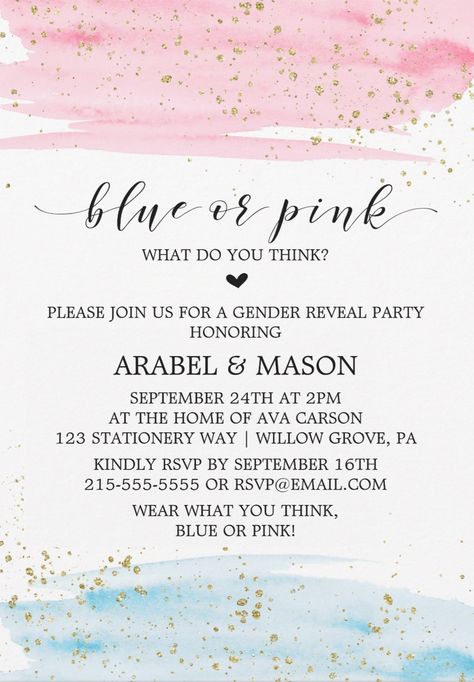 40th Birthday Invitation Wording, Graduation Party Invitation Wording, Pink Gender Reveal, Birthday Party Invitation Wording, Gender Reveal Invitations Template, Surprise Party Invitations, Gender Reveal Party Invitations, Dinner Party Invitations, Pregnancy Announcement Cards