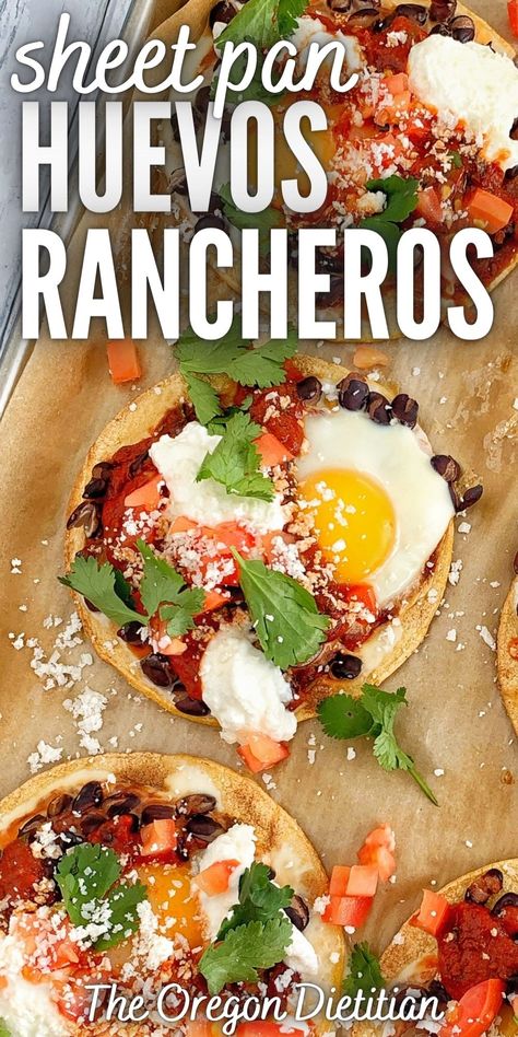 Sheet pan huevos rancheros are a new twist on traditional, authentic huevos rancheros. It's so easy to bake for breakfast, brunch, and even for dinner! Vegetarian huevos rancheros with homemade sauce is healthy, gluten-free, and delicious, too! With baked eggs and lots of topping, sheet pan huevos rancheros is high in protein, and super healthy, too! Authentic Huevos Rancheros, Easy Huevos Rancheros, Avocado Salsa Verde, Breakfast Tostadas, Huevos Rancheros Recipe, Dinner Vegetarian, Easy To Bake, Avocado Salsa, Easy Brunch