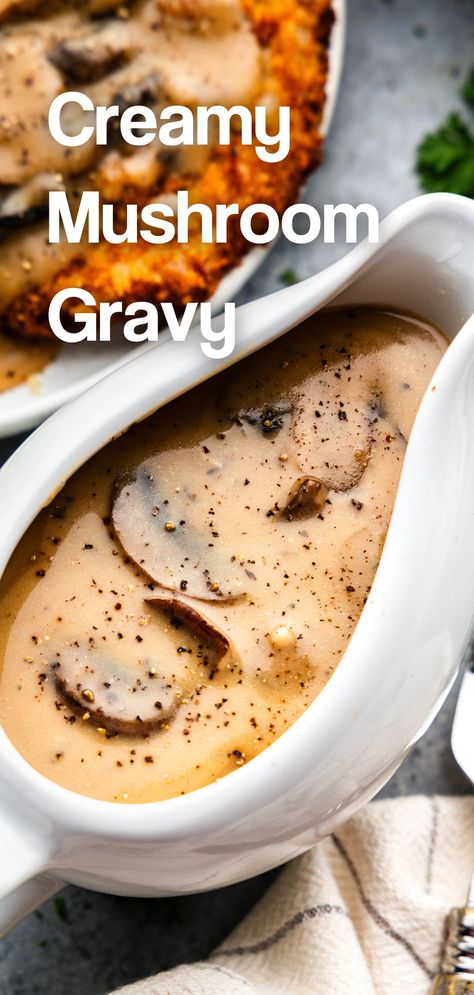 A top view image into a white gravy boat holding creamy mushroom gravy. Cream Of Mushroom Gravy, Mushroom Gravy Recipe Easy, Easy Mushroom Gravy, Creamy Mushroom Gravy, Easy Gravy Recipe, Bacon Gravy, Instant Pot Freezer, Mushroom Gravy Recipe, Homemade Dinner Rolls