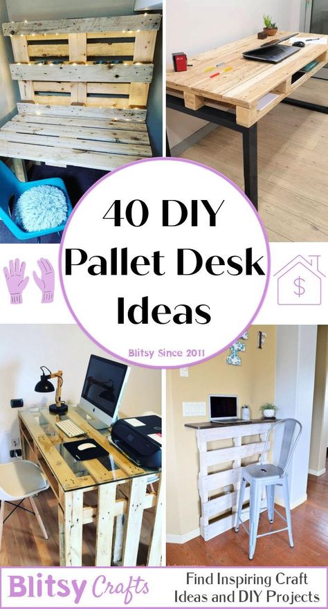 40 DIY Wood Pallet Desk Ideas with Free Plans - Blitsy Table Desk Ideas, Pallet Desk Ideas, Diy Small Desk, Diy Pallet Desk, Homemade Desk, Easy Diy Desk, Diy Crafts Desk, Diy Wood Pallet, Pallet Table Diy