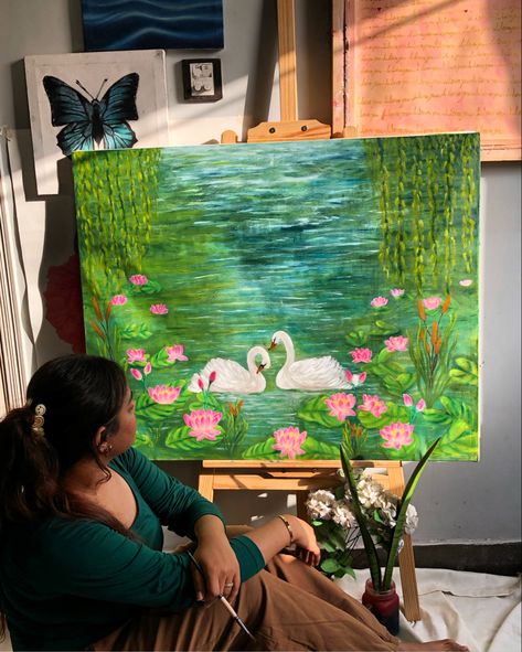 Lily Pond Painting Easy, Lily Pond Painting, Pond Painting, Water Lily Pond, Easy Canvas, Canvas Drawings, Clay Craft, Easy Canvas Painting, Cat Air