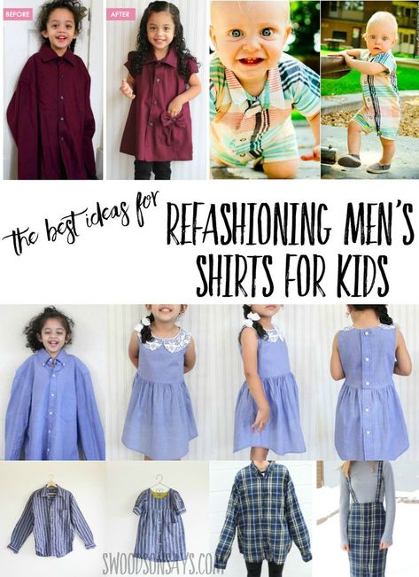 Save those dress shirts and upcycle them into kid's clothes! Check out these fun tutorials and inspiration for refashioning men's dress shirts. Makeover men's button down shirts into dresses and more. #refashion #upcycle #sewing Men's Dress Shirts, Beginner Sewing Projects Easy, Shirt Refashion, Men's Button Down Shirt, Sewing Projects For Beginners, Easy Sewing Projects, Sewing Gifts, Sewing For Beginners, Sewing Basics