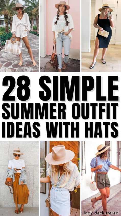 28 Simple Summer Outfit Ideas with Hats Cool Hats For Women Summer, Hat And Dress Outfit Summer, Hats For Summer Outfit, Outfit With Straw Hat, Ladies Fedora Hats Outfit, Summer Outfit Hat, Casual Outfit With Hats For Women, Casual Summer Outfits With Hats, Outfits With Straw Hats For Women