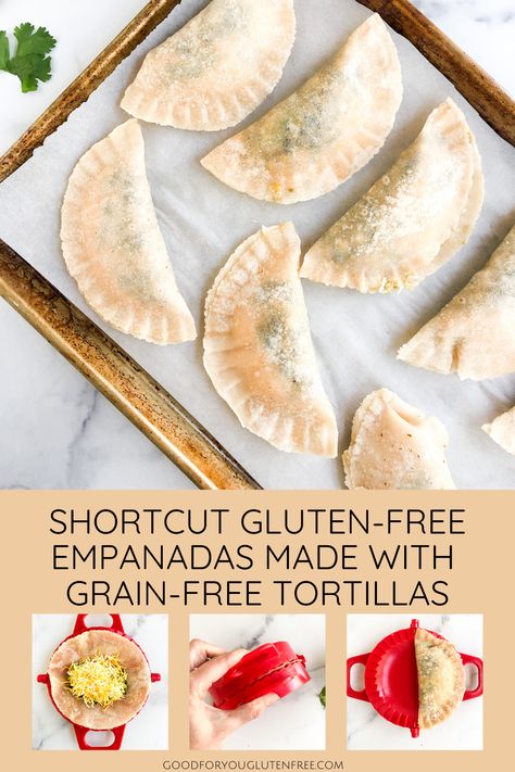 These shortcut gluten-free empanadas take minutes to make and taste delicious. I'll show you how to use grain-free tortillas as the "dough" and create a delicious vegetarian filling. Gluten Free Empanada Dough, Gluten Free Empanadas, Vegan Empanadas, Empanada Dough, Celiac Recipes, Empanadas Dough, Spiralizer Recipes, Gluten Free Living, Easy Eat