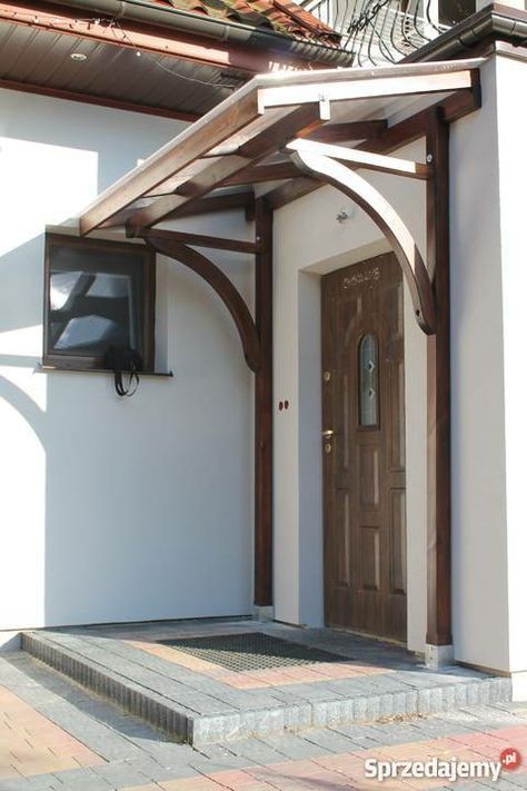 Wood Overhang Entrance, Over The Door Roof, Flat Portico Entry, Over Door Awning, Wooden Awnings Over Doors, Over Door Pergola, Door Pergola Entrance, Porch Roof Ideas Diy, Front Door Pergola Entrance