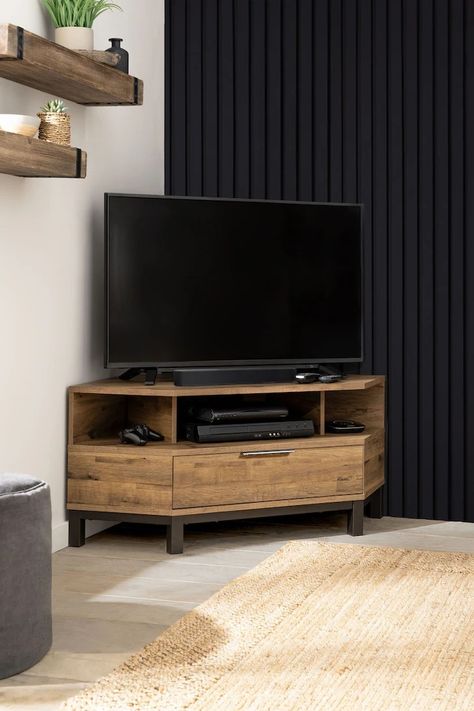 Tv In Corner Of Living Room, Corner Tv Ideas, Modern Corner Tv Stand, Living Room Cupboards, Corner Tv Cabinets, Corner Tv Stands, Furniture Shelves, Corner Tv Unit, Tv Unit Decor