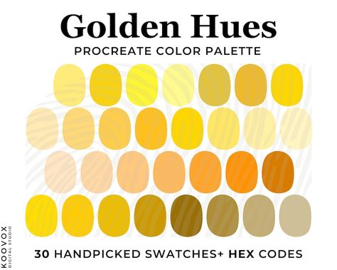 procreate color palette with hex codes. gold Color Palette for Procreate, Shades of yellow, Hex Codes, Procreate Swatches, Procreate Palette, Monochrome yellow Gradient, Color Scheme, yellow Color Palette for Procreate, color swatches, muted gold color palette, gold color palette Color Palette For Procreate, Color Palette Procreate, Shades Of Yellow Color, Color Palette Interior Design, Yellow Color Palette, Gold Color Palette, Yellow Palette, Hex Color, Color Palette Challenge