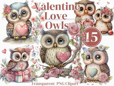 Scrapbook Invitation, Valentine Ephemera, Owl Png, Valentines Day Clipart, Cute Valentines, Valentine Clipart, Watercolor Images, Romantic Valentine, Digital Watercolor