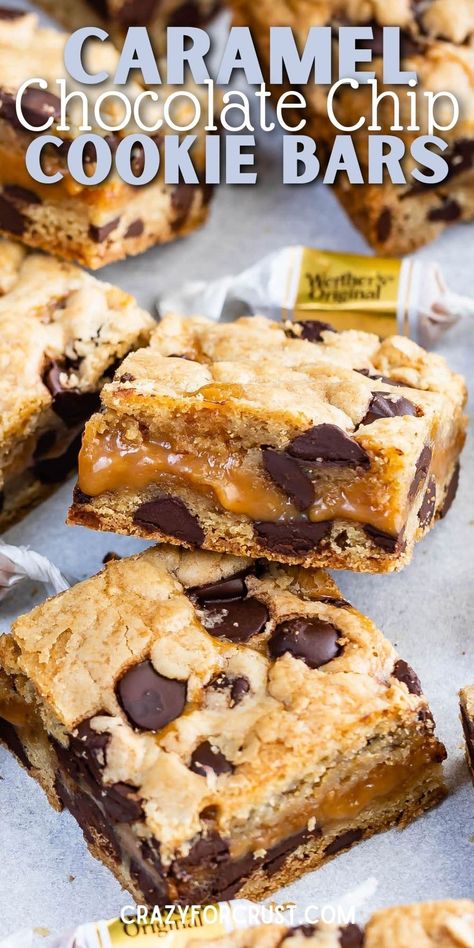 Caramel Chocolate Chip Bars, Caramel Chocolate Chip Cookie Bars, Salted Caramel Cookie Bars, Caramel Chocolate Chip Cookie, 2023 Cookies, Caramel Cookie Bars, Mmm Cookies, Chocolate Chip Cookie Bar Recipe, Kraft Caramel Bits