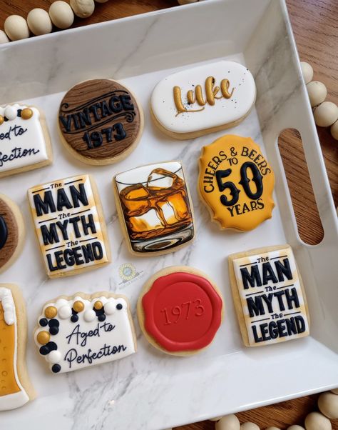 Mountain Made Sweets Retirement Cookies For Men, Retirement Cookies, Grandpa Birthday, Themed Cookies, Dad's Birthday, Sugar Cookie Designs, 65th Birthday, Aged To Perfection, Birthday Cookies