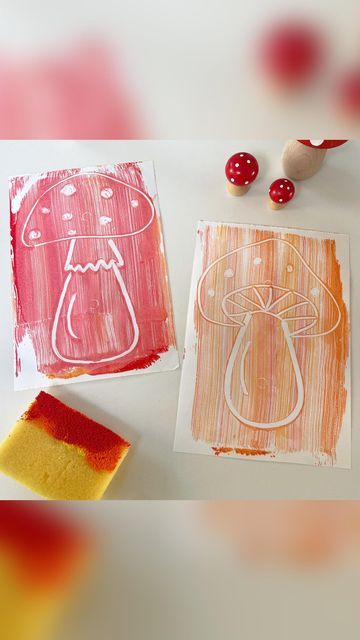 Mushroom Activities For Preschool, Monoprint Ideas, Mum Hacks, Nature Crafts Kids, Monoprint Art, Art Fundraiser, Mushroom Magic, Mushroom Crafts, Waldorf Crafts