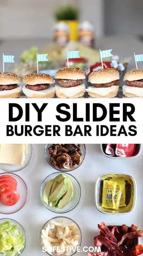 Create your own Slider Burger Bar with these awesome party tips- great idea for a summer bbq or dinner for guys- DIY sliders for the win!  - So Festive! Slider Toppings Bar, Bbq Slider Bar, Burger Slider Bar, Slider Burger Bar, Diy Dinner Bar Ideas, Slider Burger Bar Party Ideas, Burger Buffet Ideas Bbq Party, Hamburger Party Ideas Summer Burger Bar, Diy Burger Bar