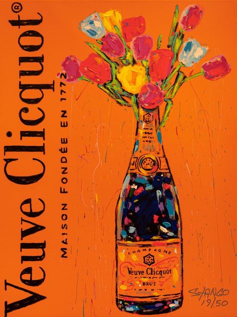 John Stango Limited Editions "Vueve Cliquot" - Featured Artist - Vinings Gallery Vueve Cliquot Art, Vintage Wine Advertisement, Veuve Cliquot Aesthetic, Vueve Champagne Aesthetic, Vueve Champagne Decor, Vueve Champagne Painted, Vueve Champagne, Drink Prints, Champagne Decor