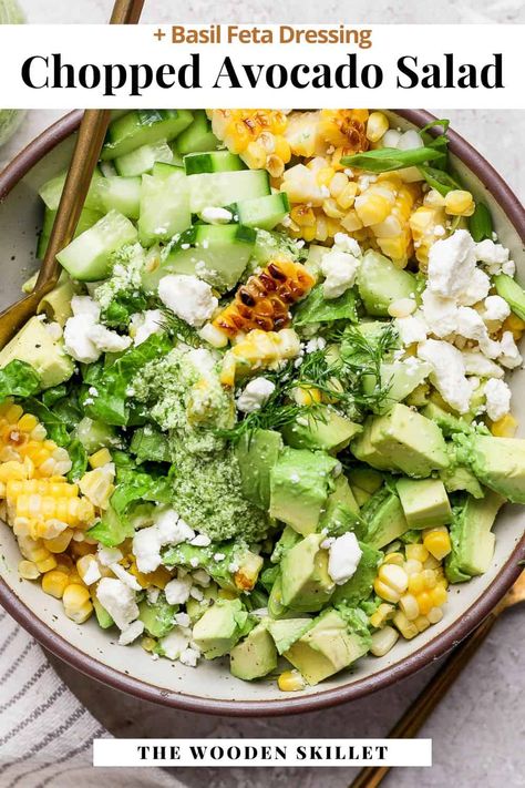 Avocado Salad - The BEST Avocado Salad ever! So much flavor is packed into this salad you are going to have it on repeat all summer long! #avocadosalad #avocadosaladrecipes #avocadosaladdressing #avocadosaladrecipeseasy #avocadosaladrecipeshealthy #avocadosaladideas Chopped Avocado Salad, Feta Dressing Recipe, Feta Dressing, Wooden Skillet, Grilled Sweet Corn, Avocado Salad Dressing, Paleo Salads, Salad Salad, Avocado Salad Recipes