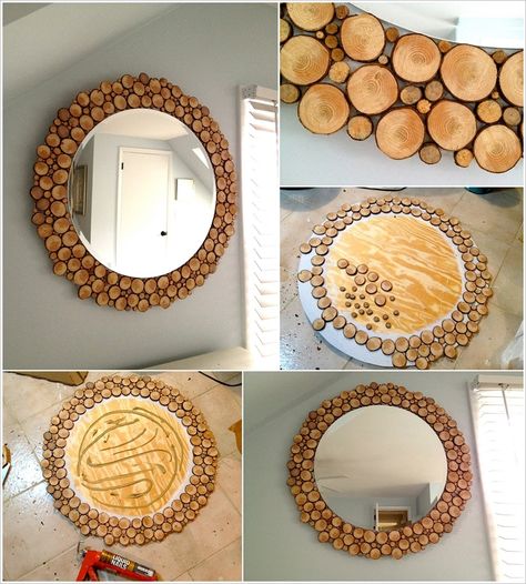 How to DIY Circular Mirror with Wood Slices All Around tutorial and instruction. Follow us: www.facebook.com/fabartdiy Spherical Mirror, Decorated Mirror, Round Mirror Frame, Mirror Frame Diy, Circular Mirror, Deco Originale, Diy Holz, Diy Mirror, Wood Mirror