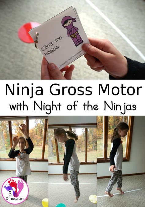 Free Ninja Themed Gross Motor with Ninja at Night - 6 fun movements for kids to get active and have fun with a few ideas from the book - 3Dinosaurs.com #grossmotor #3dinosaurs #magictreehouse #ninjaforkids #chapterbooks Ninja Stem Activities, Preschool Ninja Activities, Ninja Unit Study, Ninja Crafts For Preschoolers, Ninja Activities For Kids, Ninja Games For Kids, Kindness Ninja, Ninja Activities, Ninja Crafts