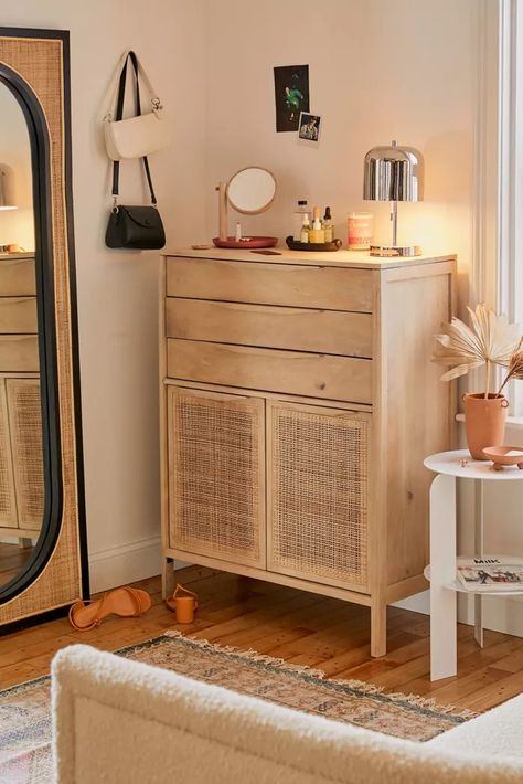 Storage Furniture | Storage Cabinets + Racks | Urban Outfitters Boho Tall Dresser, Tall Dresser Bedroom, Tall Narrow Dresser, Tall Dresser Decor, Tall Dressers, Boho Dresser, Cane Doors, Narrow Dresser, Dresser Decor Bedroom