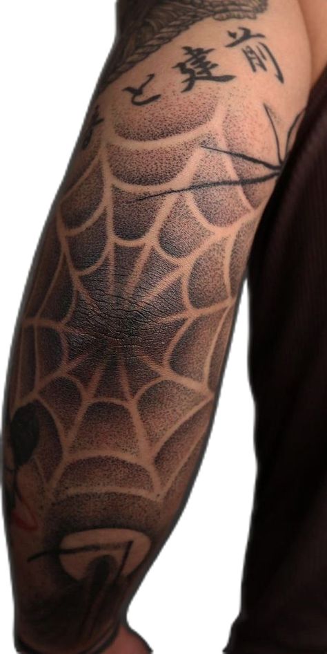 Men’s Half Sleeve Tattoo Forearm Simple, Amazing Tattoo Ideas For Men, Spider Webs Tattoos, Spider Behind The Ear Tattoo, H Town Tattoos, Spiderman Tatoos Ideas, Spiderweb Elbow Tattoo Women, Comic Sleeve Tattoo, Elbow Tattoo Men Traditional