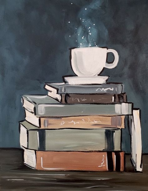 Bookish Canvas Painting, Coffee And Books Painting, Book Art Painting, Acrylic Book Painting, Books Canvas Painting, Book Painting Easy, Acrylic Painting Books, Book Paintings On Canvas, Books Painting Art